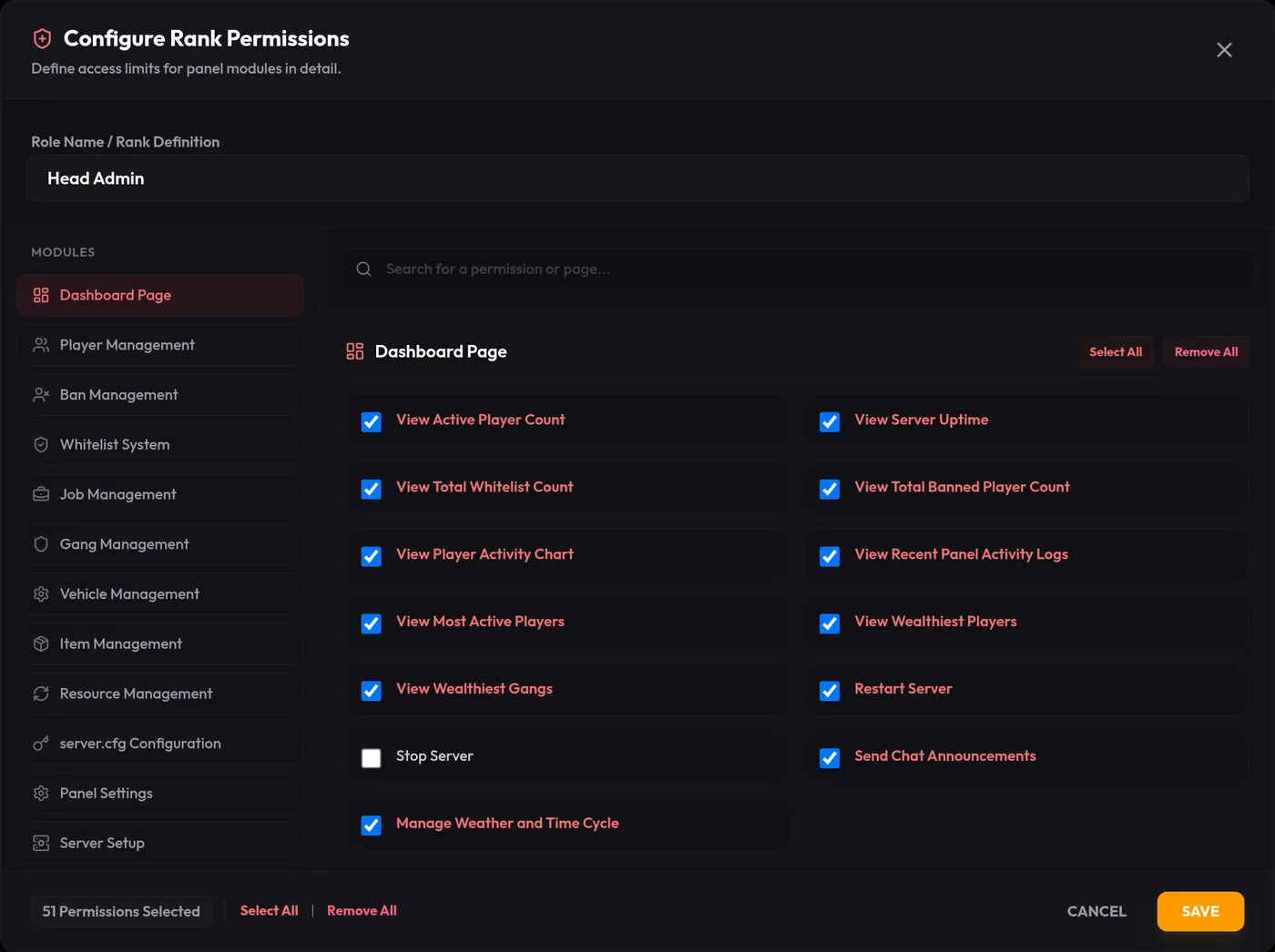 Editing role permissions